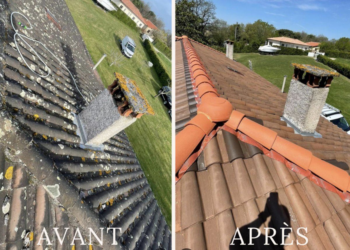 Nettoyage de couverture et reprise de la souche de cheminée — avant / après